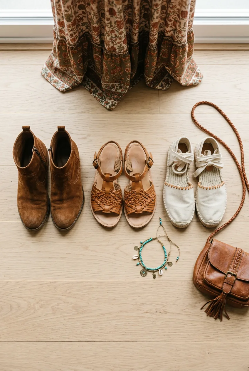 Brown suede ankle boots, woven leather sandals and canvas espadrilles displayed with flowing maxi skirt and bohemian anklet