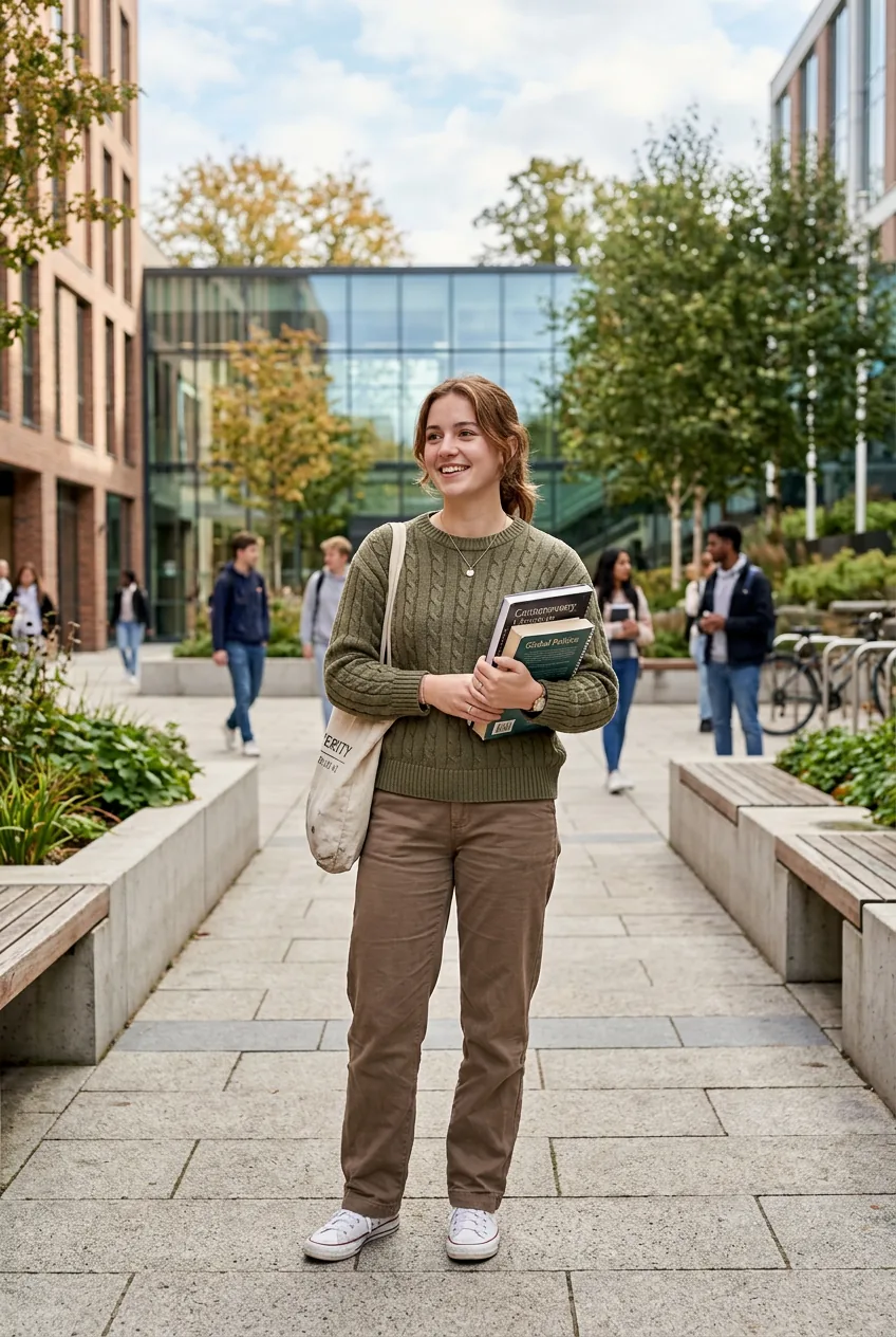 Woman in structured knit and comfortable pants standing in modern campus courtyard holding books