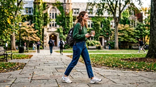 Young woman in comfortable casual outfit walking across university campus quad in natural daylight