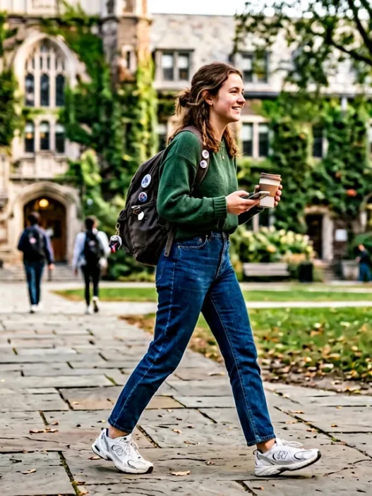 Young woman in comfortable casual outfit walking across university campus quad in natural daylight