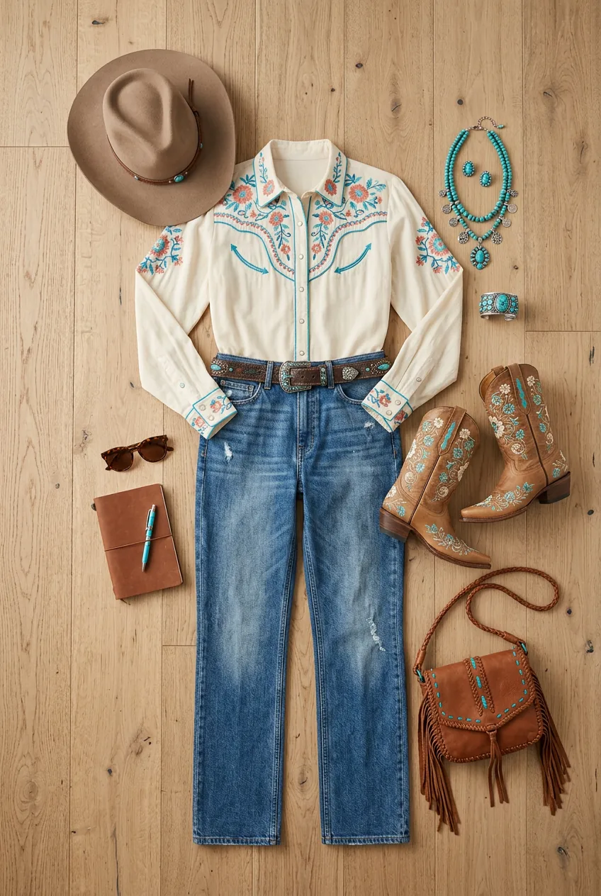 Final styled cowgirl outfit showing embroidered blouse, high-waisted jeans, boots, and minimal accessories
