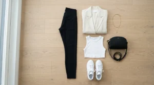Complete sporty chic outfit arranged on wood floor showing cream blazer, black leggings, white crop top, sneakers and accessories