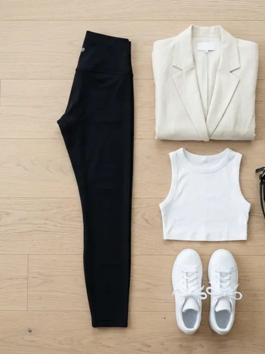 Complete sporty chic outfit arranged on wood floor showing cream blazer, black leggings, white crop top, sneakers and accessories