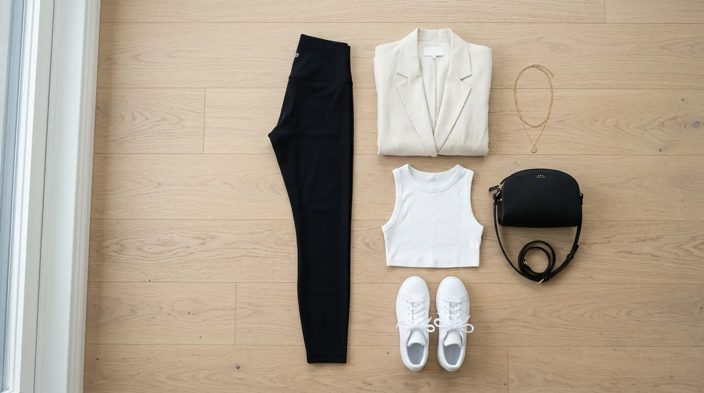 Complete sporty chic outfit arranged on wood floor showing cream blazer, black leggings, white crop top, sneakers and accessories