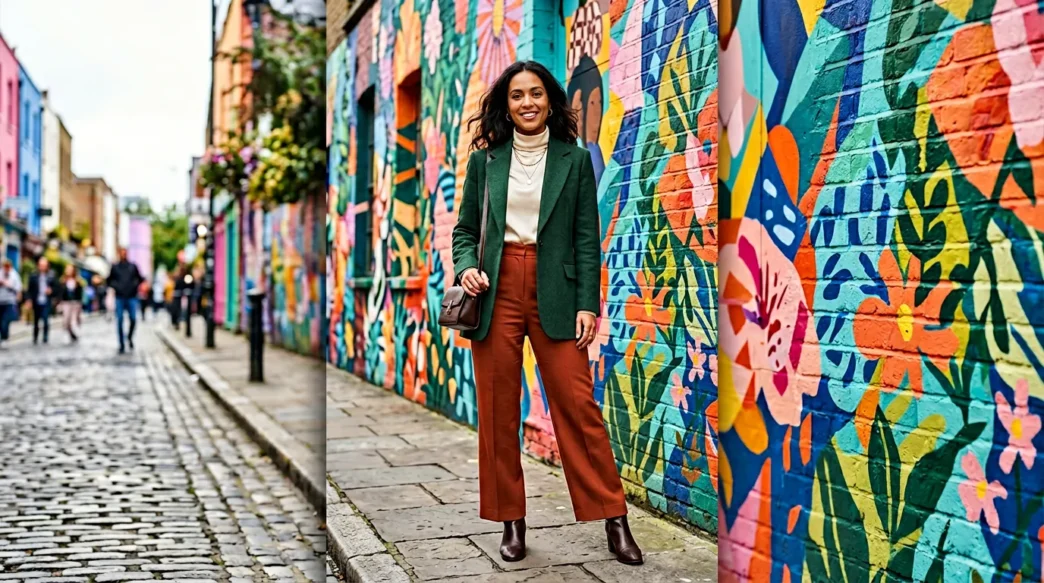 Woman wearing complete styled concert outfit posed against vibrant painted street mural background