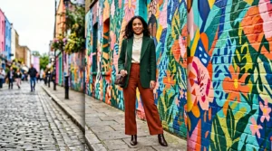 Woman wearing complete styled concert outfit posed against vibrant painted street mural background
