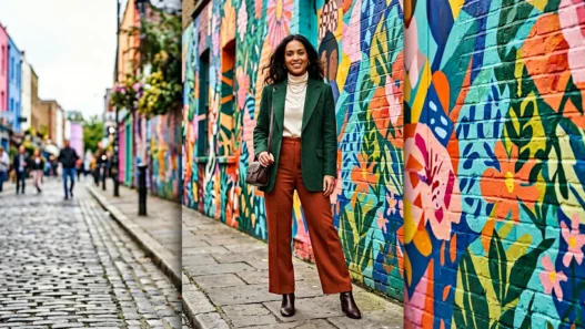 Woman wearing complete styled concert outfit posed against vibrant painted street mural background