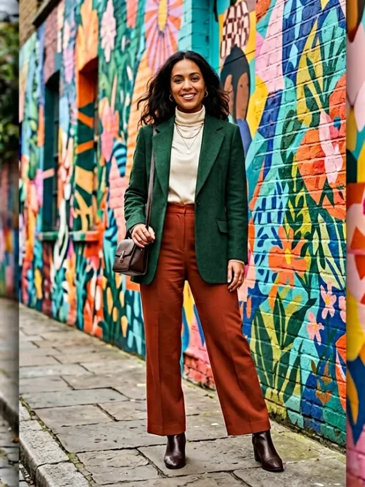 Woman wearing complete styled concert outfit posed against vibrant painted street mural background