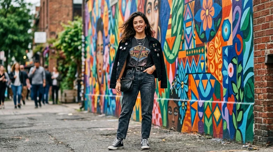 Woman wearing concert outfit with jeans and band tee posed against colorful street mural in natural daylight