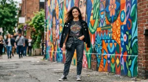 Woman wearing concert outfit with jeans and band tee posed against colorful street mural in natural daylight