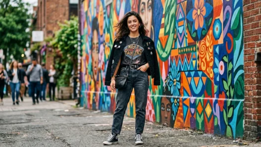 Woman wearing concert outfit with jeans and band tee posed against colorful street mural in natural daylight