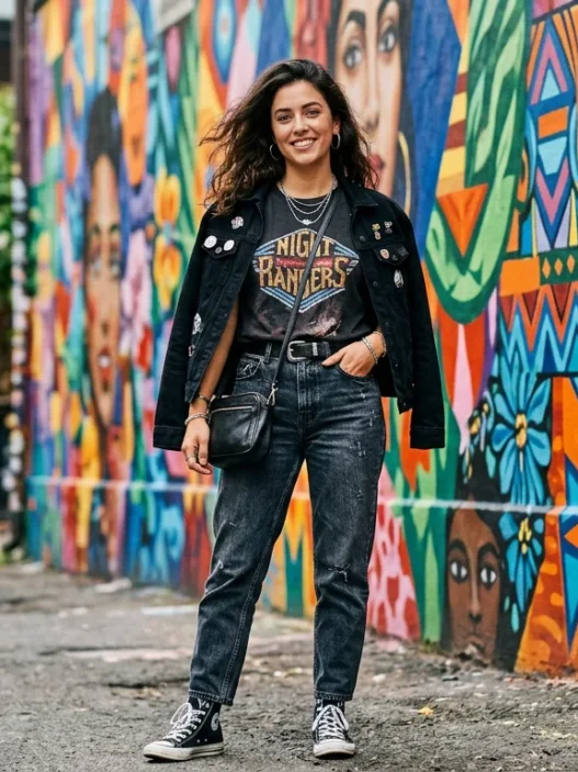 Woman wearing concert outfit with jeans and band tee posed against colorful street mural in natural daylight