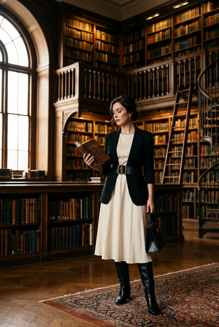 Woman in light dress with dark belt showing contrast styling principles in library setting
