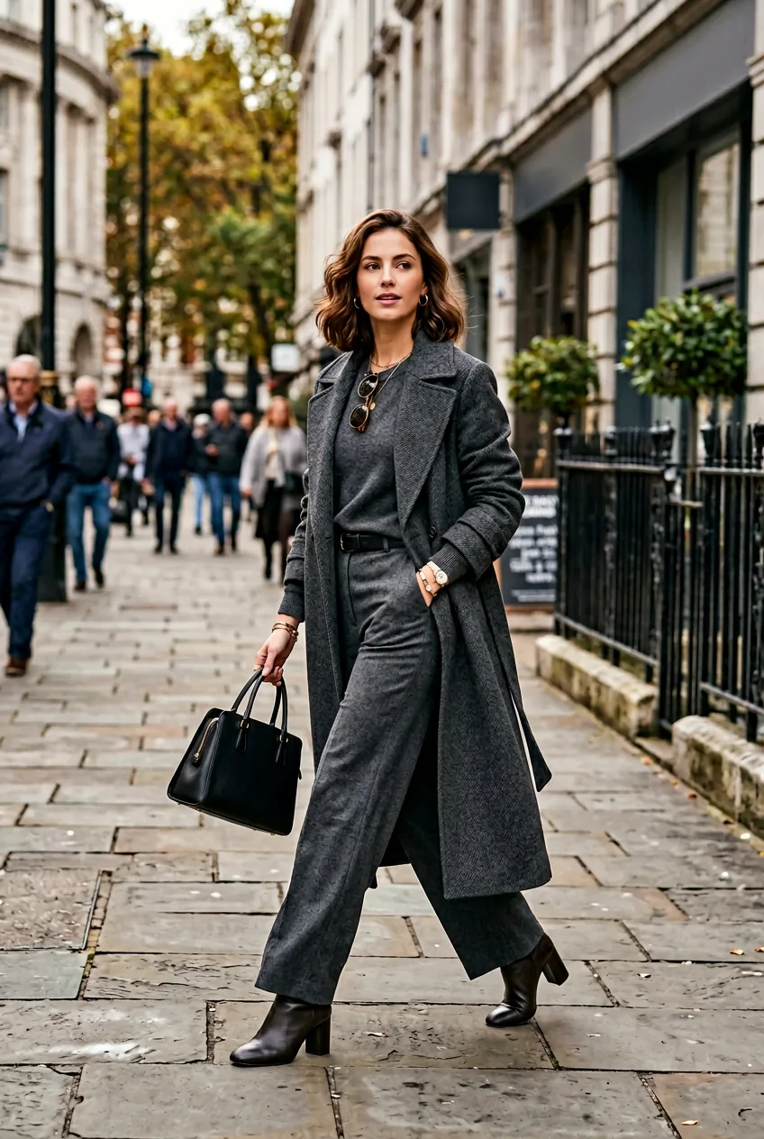 Woman in coordinated monochromatic separates with statement coat showing maximum effort styling