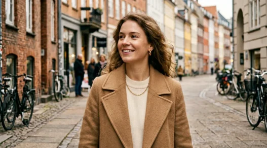Woman in camel wool coat over cream wide-leg trousers walking on Copenhagen sidewalk with Danish architecture background