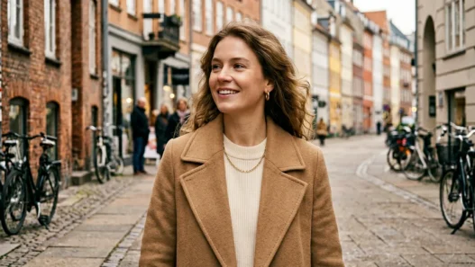 Woman in camel wool coat over cream wide-leg trousers walking on Copenhagen sidewalk with Danish architecture background