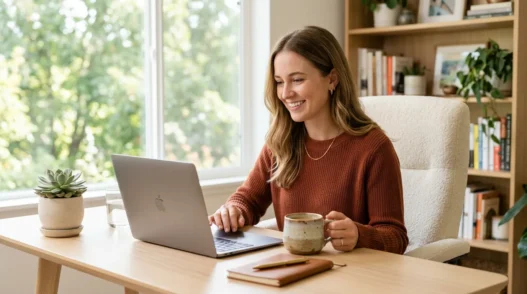Woman at home office desk in professional work-from-home outfit with laptop and coffee mug