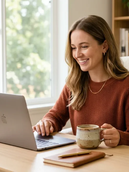 Woman at home office desk in professional work-from-home outfit with laptop and coffee mug