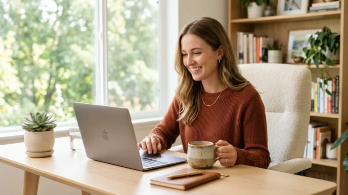 Woman at home office desk in professional work-from-home outfit with laptop and coffee mug
