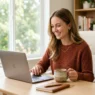 Woman at home office desk in professional work-from-home outfit with laptop and coffee mug