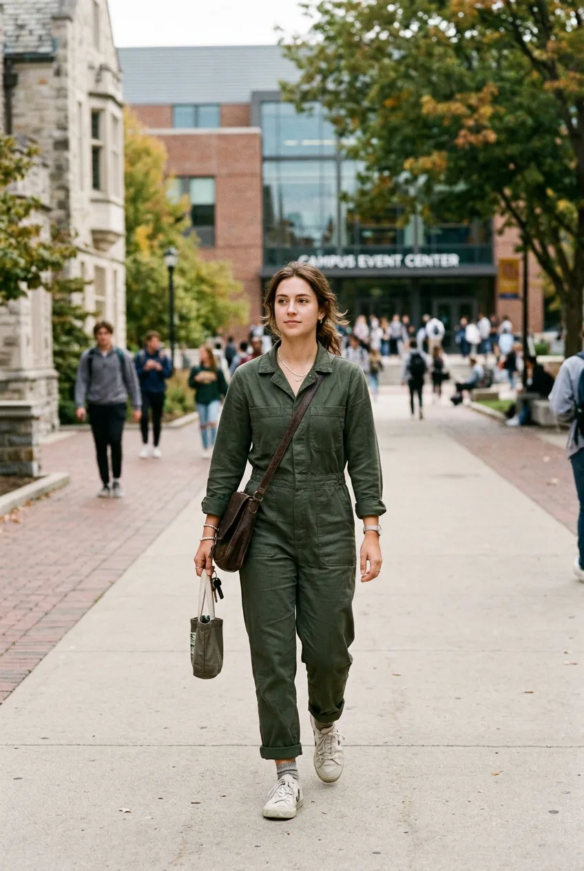 Woman in comfortable cotton jumpsuit and sneakers walking toward campus event center