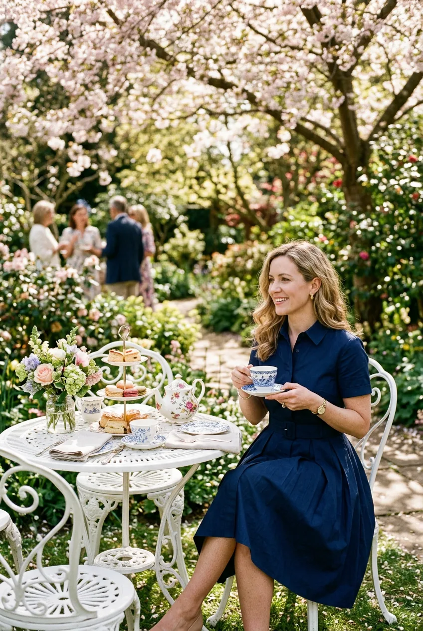 Woman in structured cotton poplin A-line dress at white garden table in spring sunlight