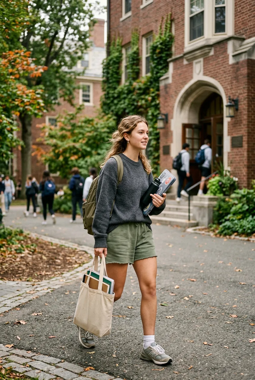 Woman in soft cotton shorts and cozy sweater walking toward dormitory entrance