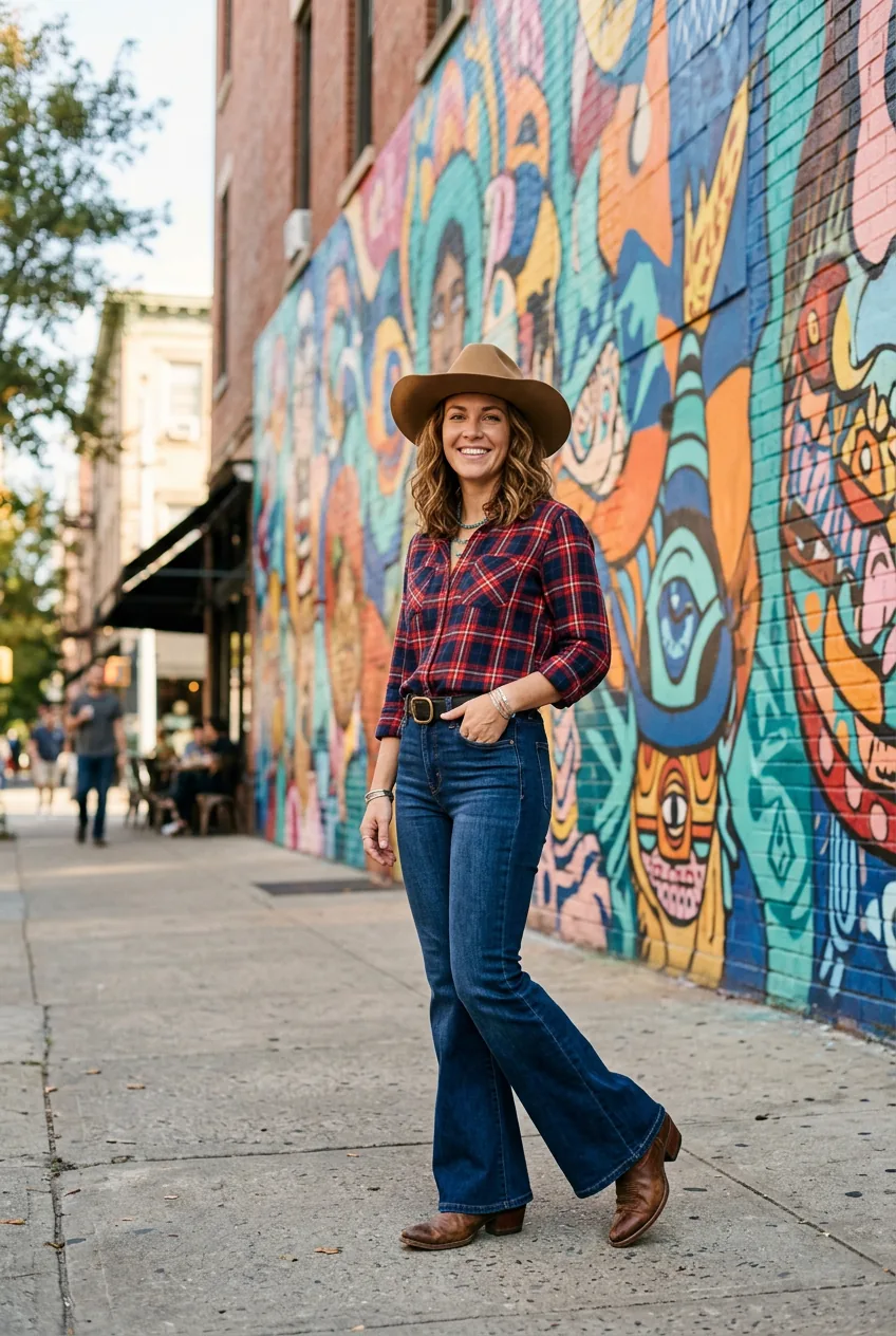 Woman in Western flare jeans, plaid shirt and cowboy boots posed in front of painted mural