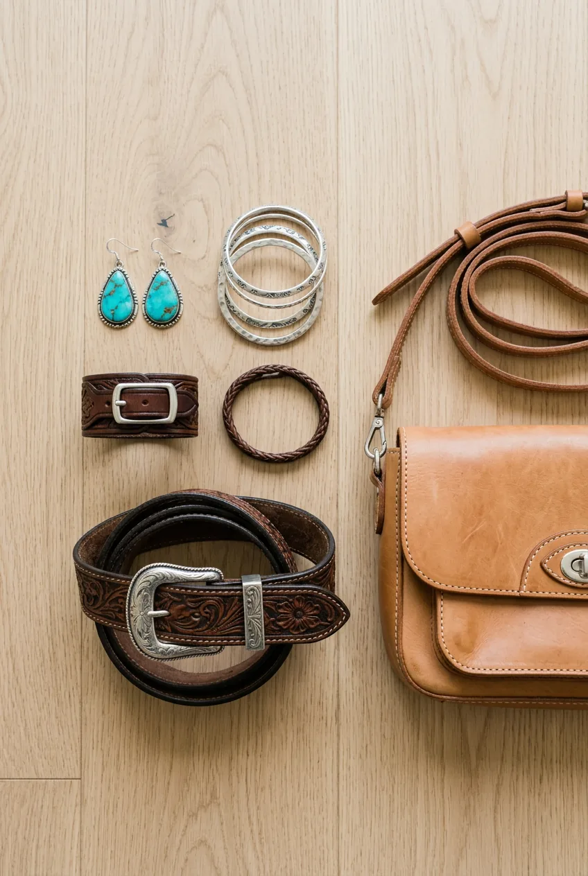 Curated western accessories including turquoise jewelry, leather pieces, and structured crossbody bag
