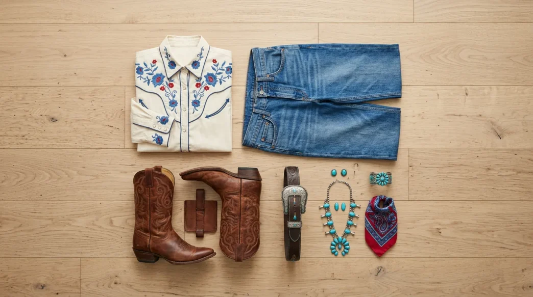 Complete cowgirl outfit flat lay with embroidered western blouse, straight leg jeans, and brown leather boots on wood floor