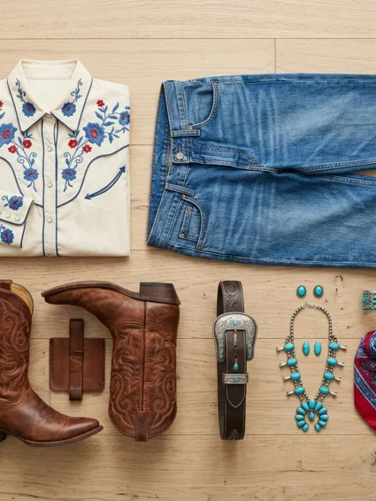 Complete cowgirl outfit flat lay with embroidered western blouse, straight leg jeans, and brown leather boots on wood floor
