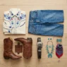 Complete cowgirl outfit flat lay with embroidered western blouse, straight leg jeans, and brown leather boots on wood floor