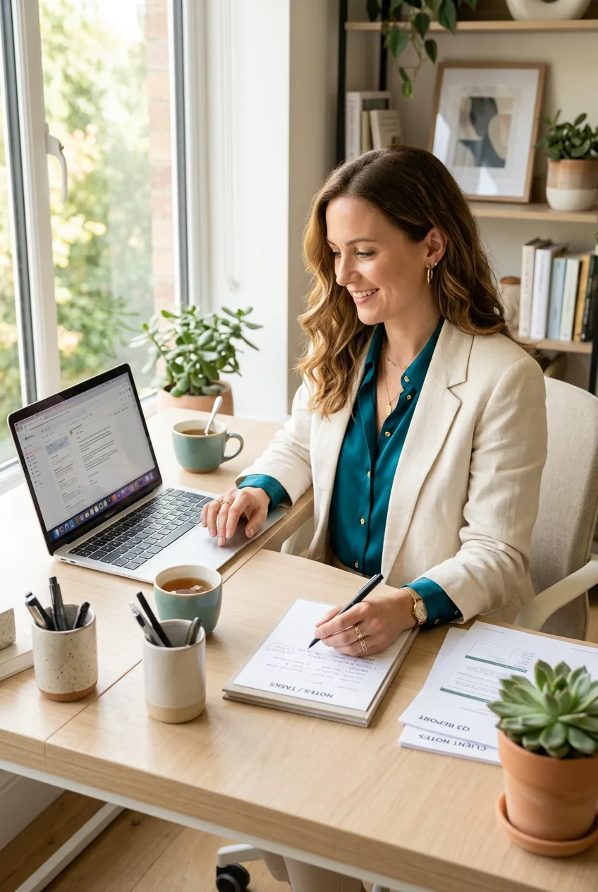 Woman in cream linen blazer over jewel-tone blouse reviewing laptop documents at desk