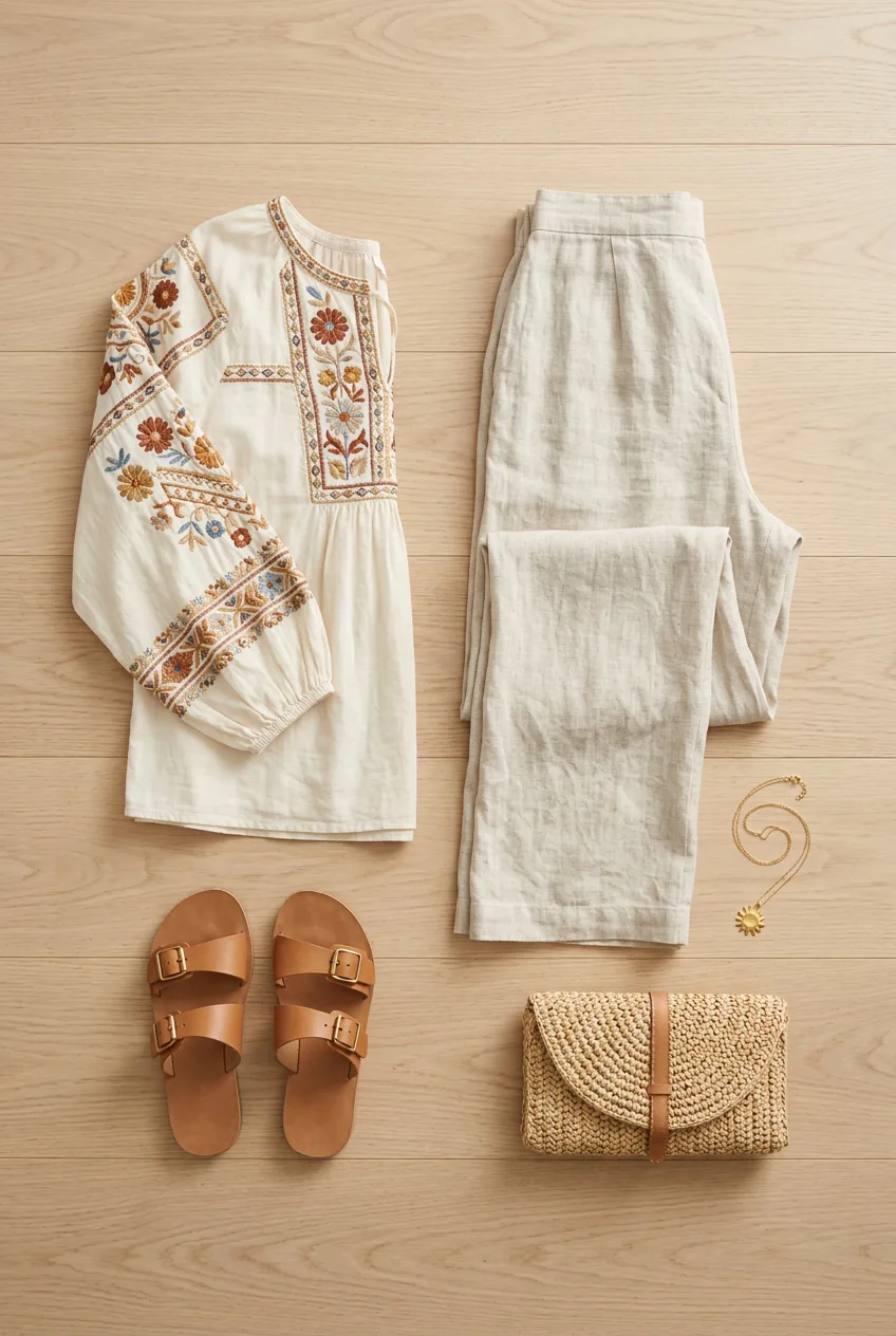 Cream embroidered peasant blouse with linen wide-leg pants, leather sandals and woven clutch arranged on light wooden surface