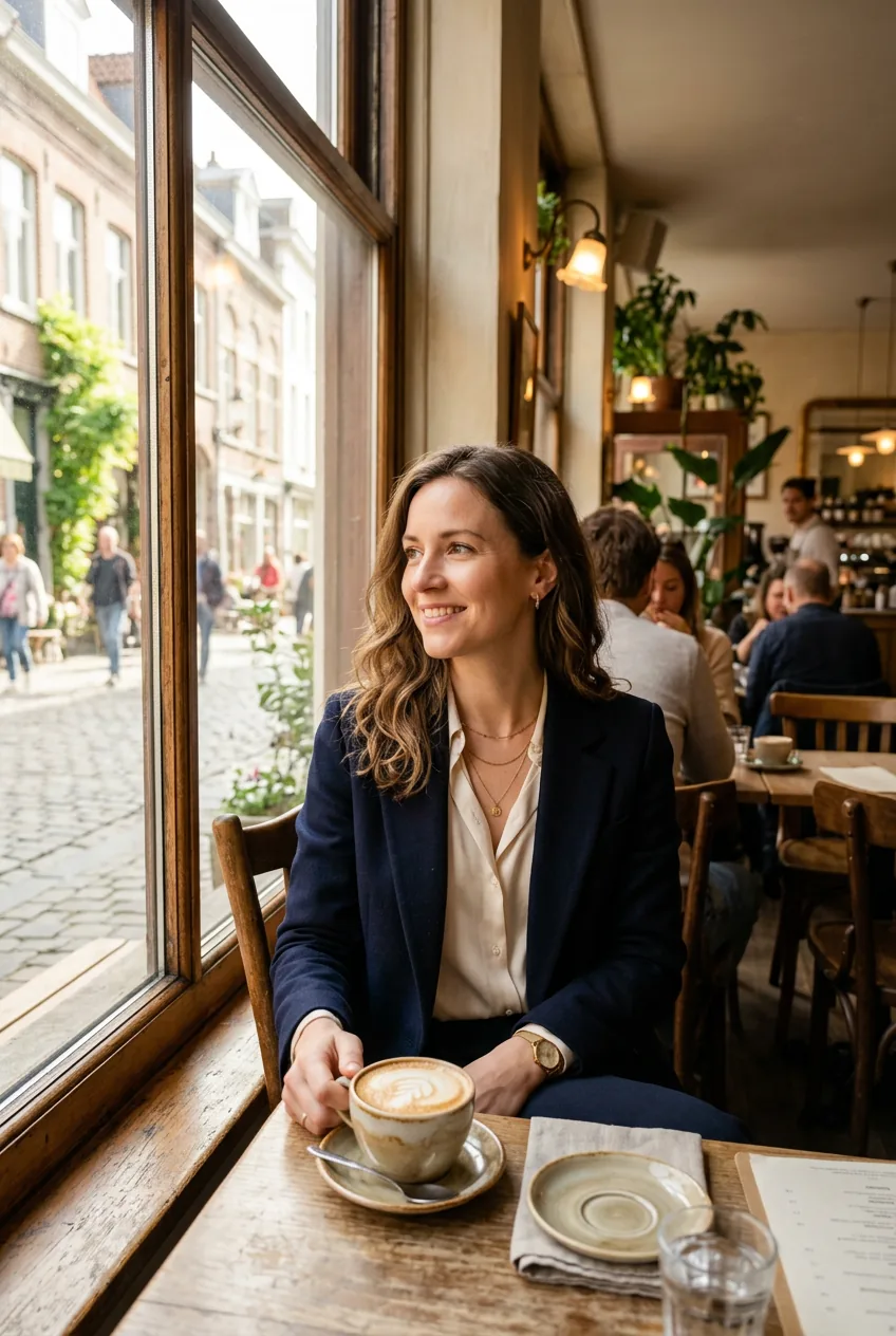 Woman wearing cream silk blouse with dark blazer at cafe table with morning light