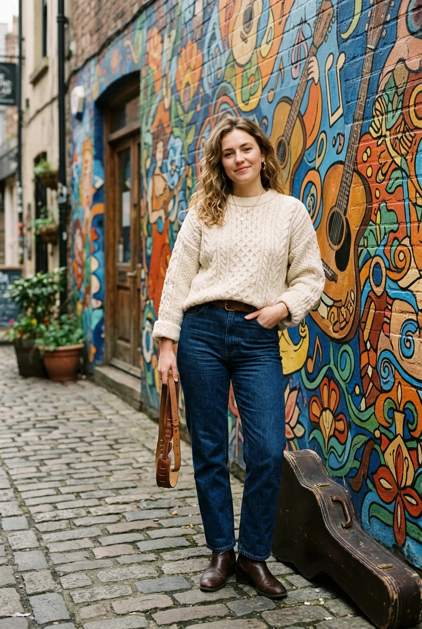 Woman in cream cable-knit sweater with high-waisted dark jeans and ankle boots for acoustic venue