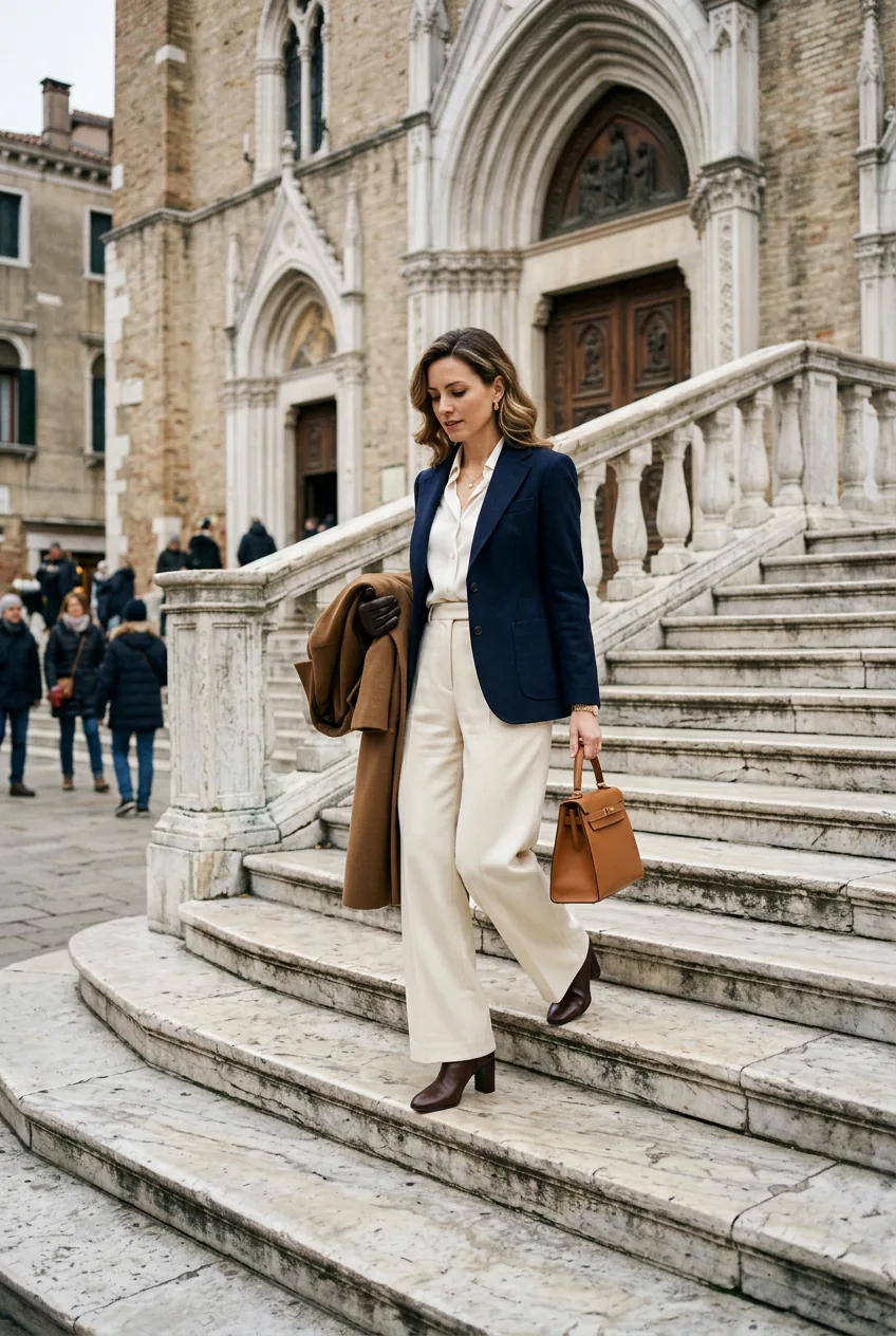 Woman in cream wide-leg trousers with silk blouse and blazer walking on marble church steps
