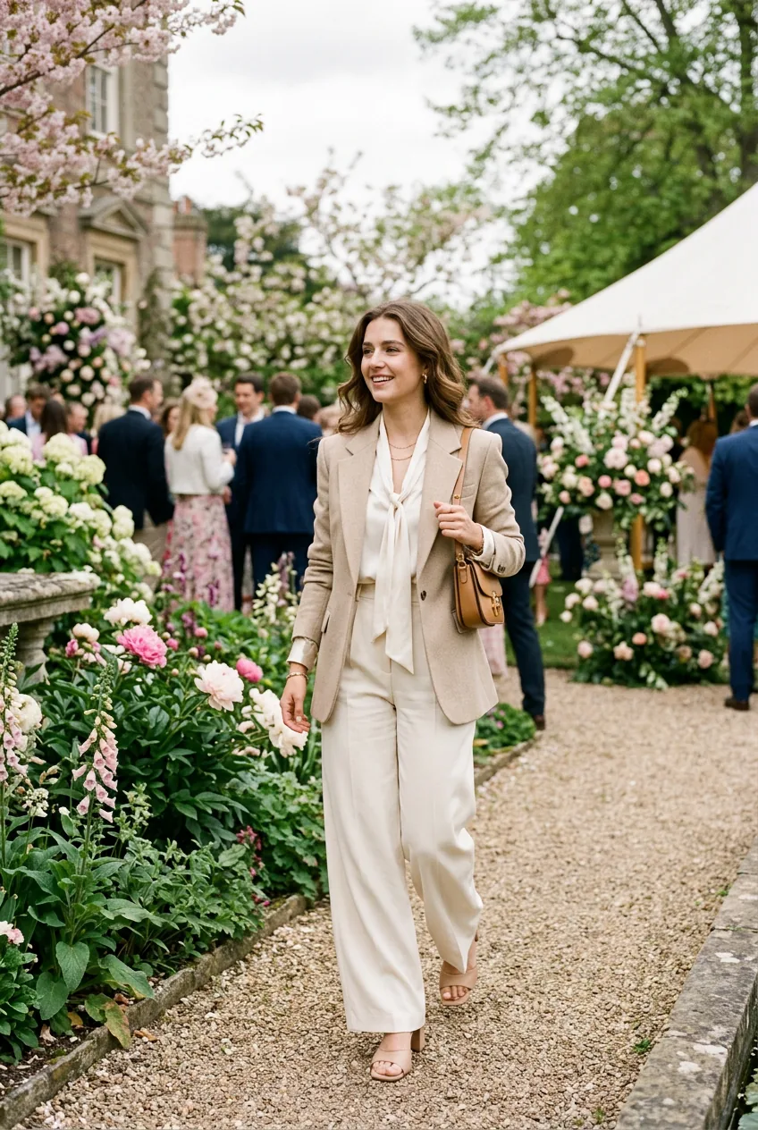 Woman wearing high-waisted cream trousers with silk blouse and structured blazer outdoors