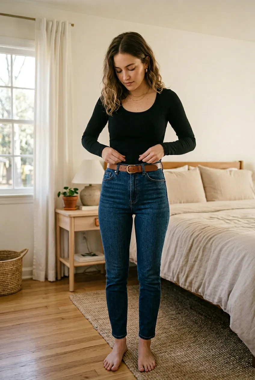 Woman smoothing gently tucked crop top into high-waisted jeans showing waistline definition