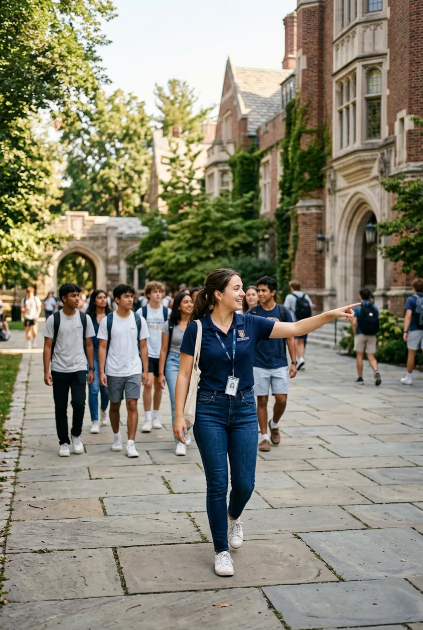 Woman in dark jeans and polo shirt giving campus tour while walking and gesturing