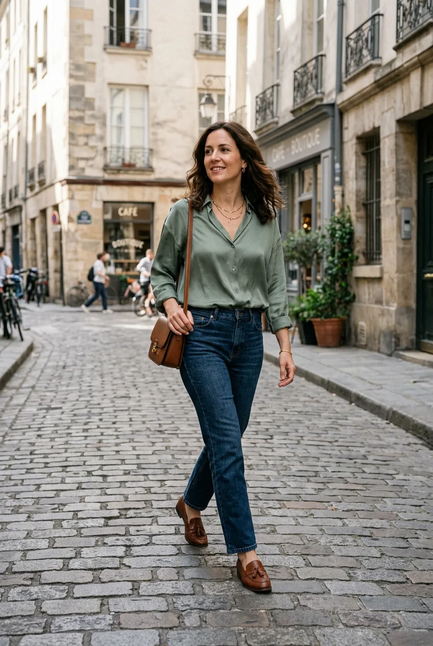 Woman in dark wash jeans with sage green silk blouse and brown leather loafers