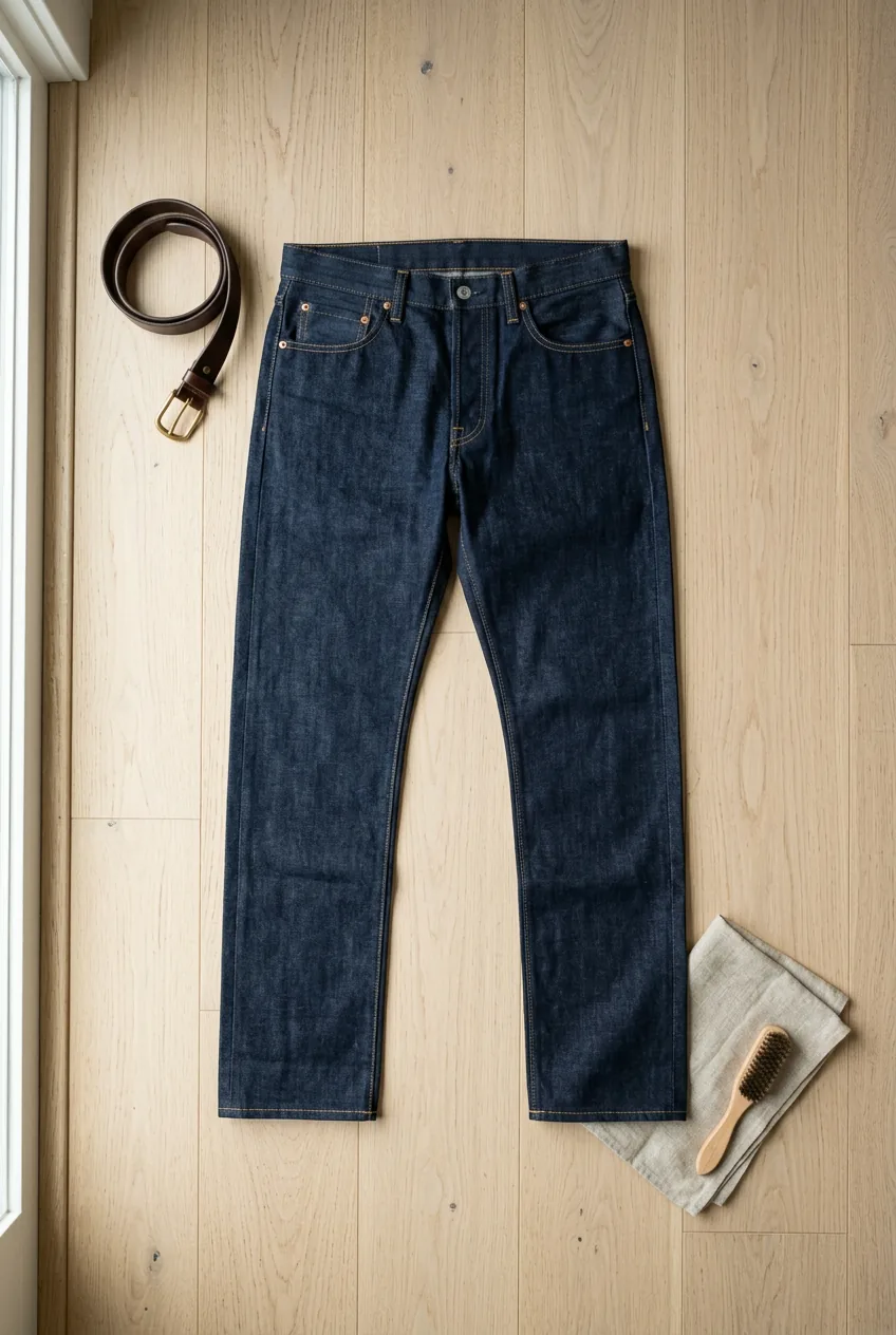 Dark wash straight-leg jeans laid flat on light wood floor showing clean lines and fit