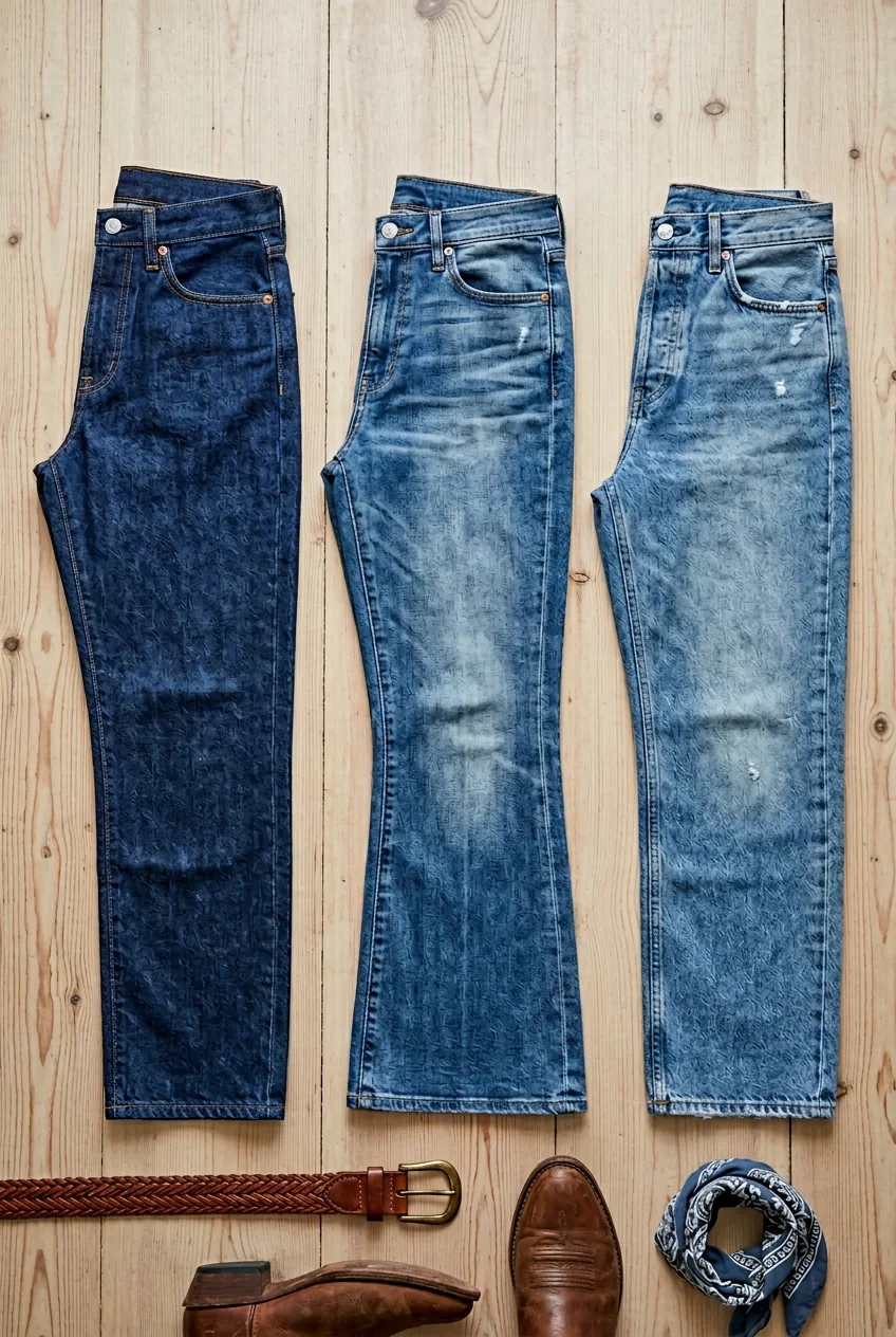 Different denim cuts for western style showing straight leg and bootcut jeans in various washes