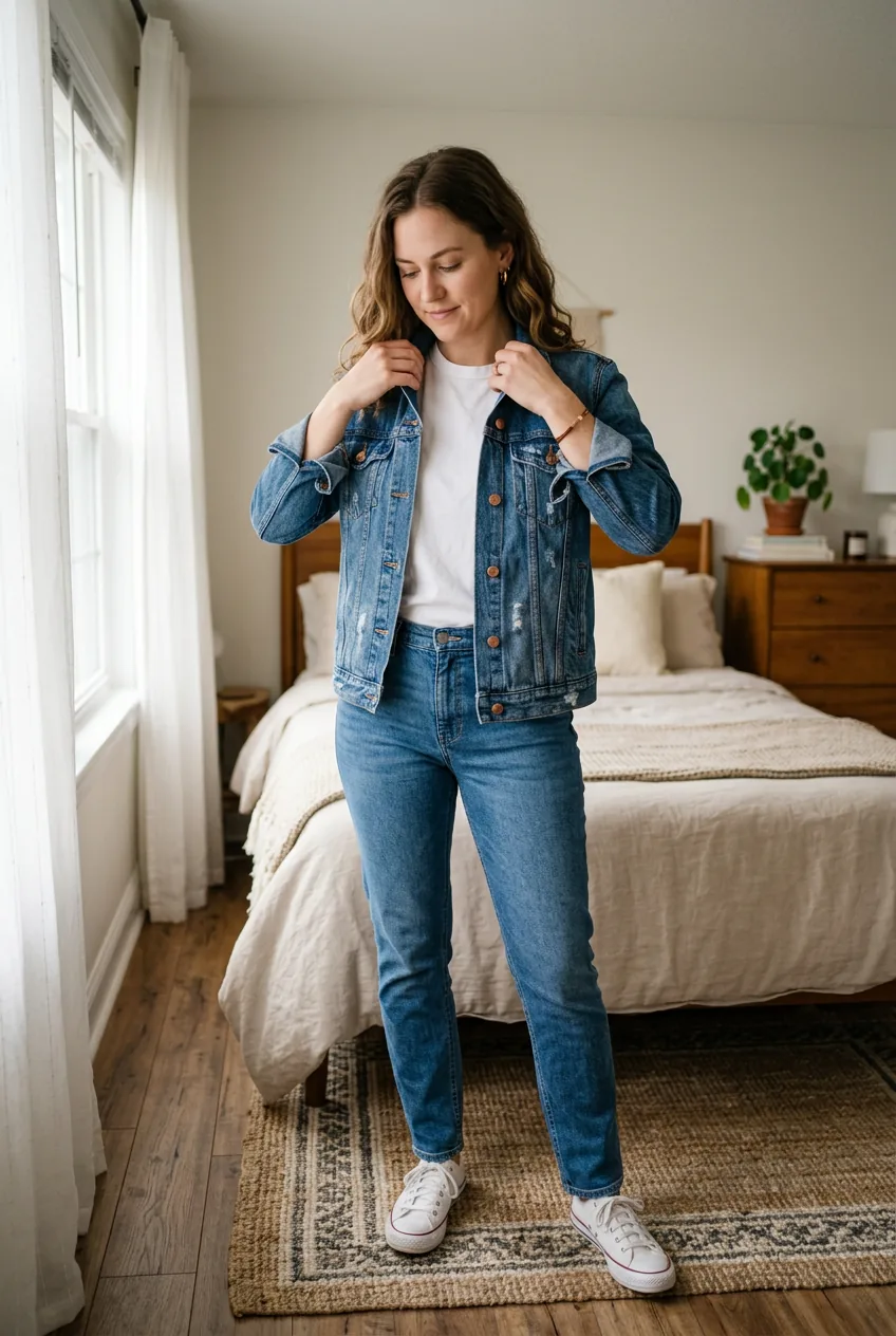 Woman wearing layered denim jacket over basic tee and jeans for structured casual look