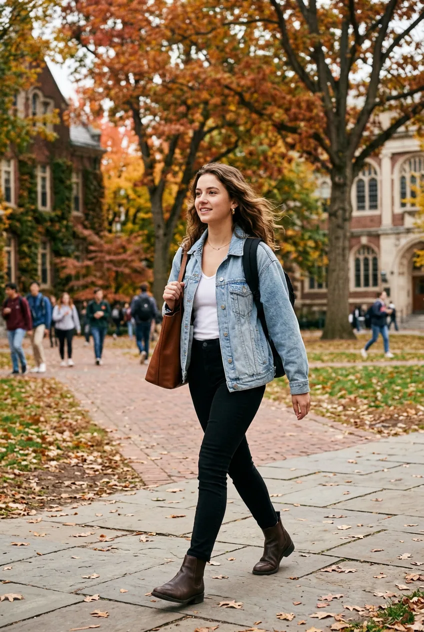 Woman in light wash denim jacket walking across university quad with autumn leaves