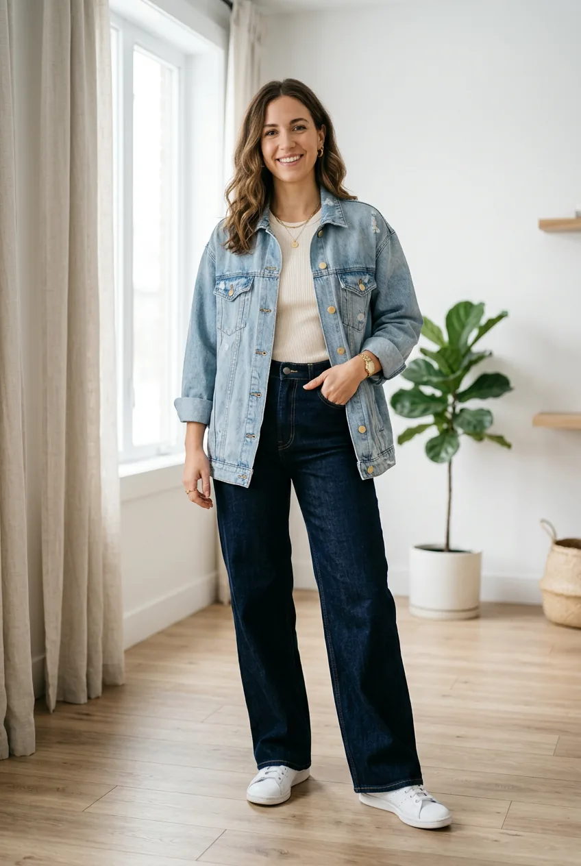 Woman in light wash denim jacket paired with dark wide-leg jeans in minimalist space