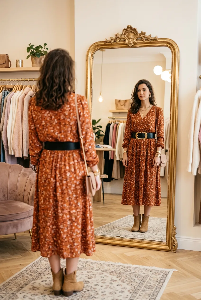 Woman wearing dress with statement belt and coordinated accessories in boutique mirror
