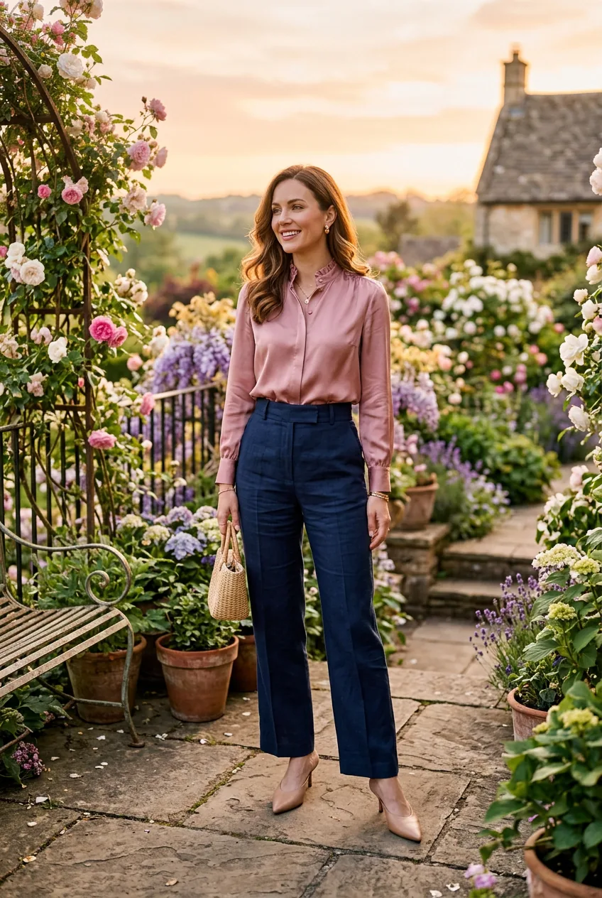 Woman wearing dusty pink silk blouse with navy trousers standing on flowering garden terrace