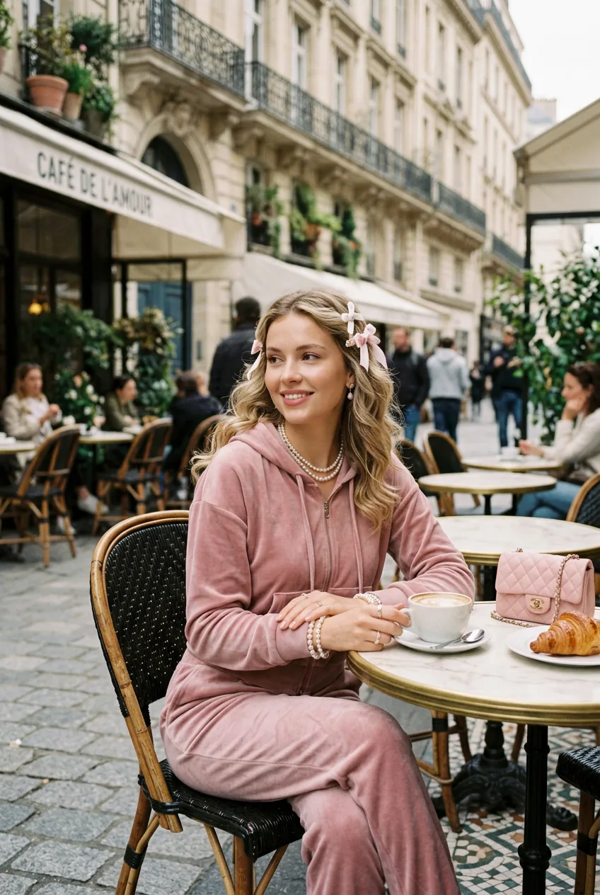 Woman wearing dusty pink velour tracksuit with pearl jewelry and ribbon hair accessories