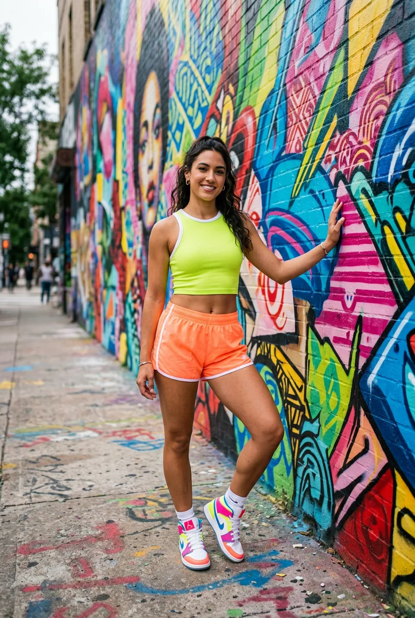 Woman in bright neon crop top and shorts with sneakers against colorful painted mural